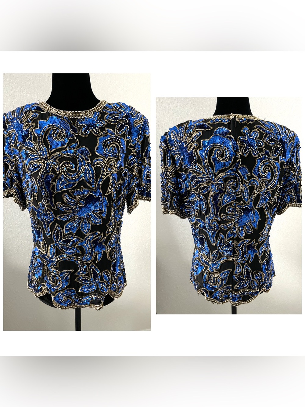 Vintage Black Tie Oleg Cassini Size 8 Silk Blouse Black Blue Gold Beaded Sequin